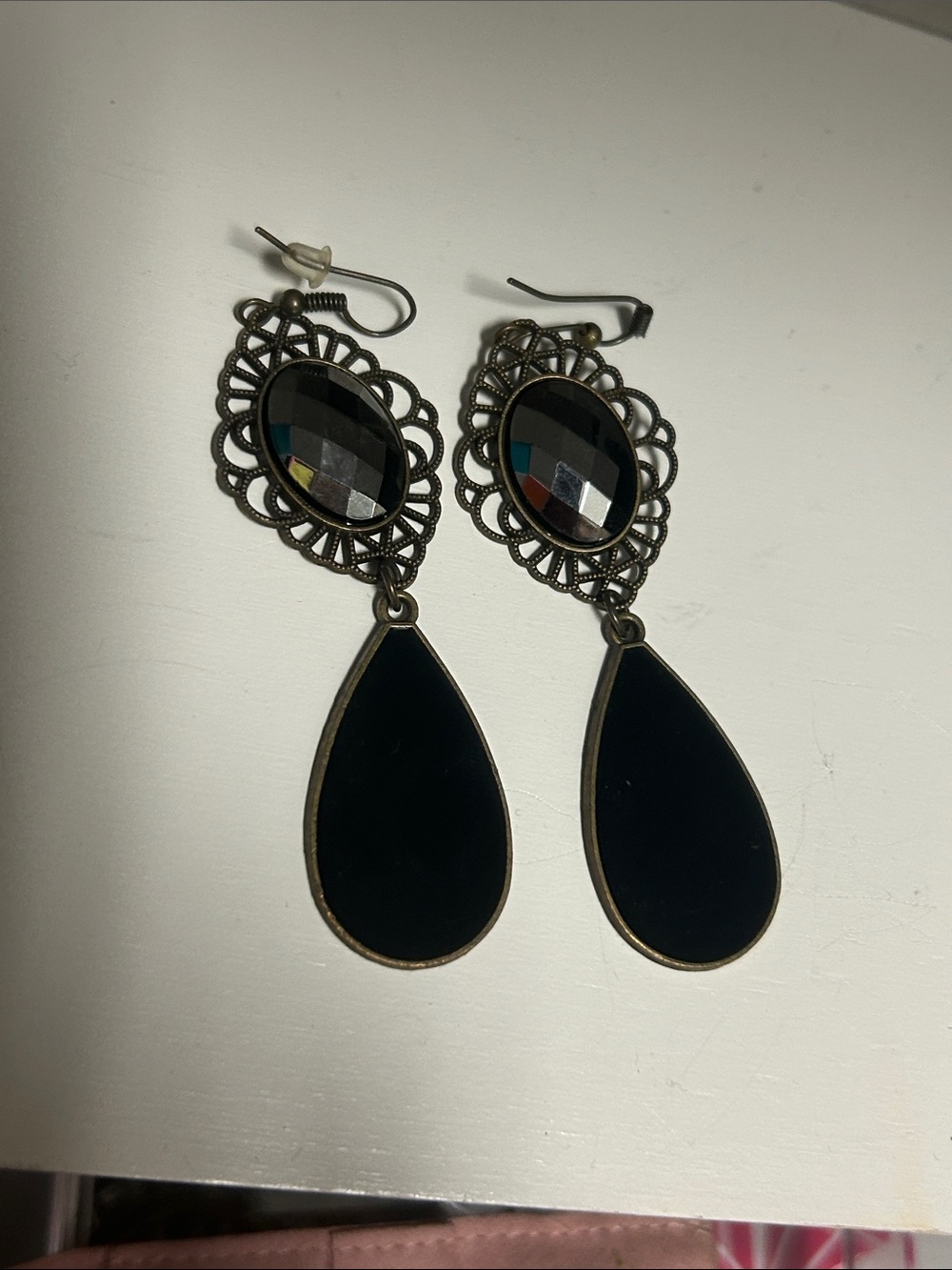 Vintage-Style Black Drop Earrings with Faceted Black Stones